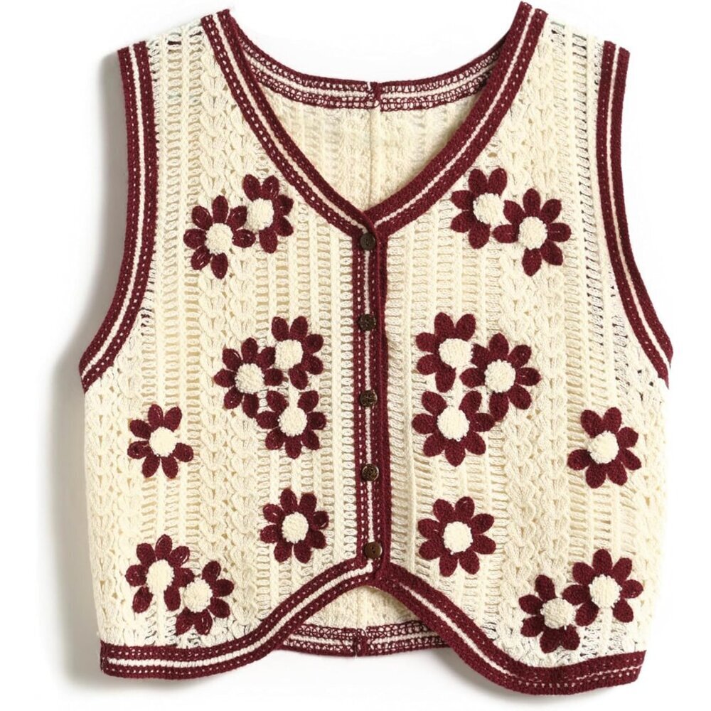 Women's Crop Crochet Vest Linen Cotton Blend V-Neck Sleeveless Top